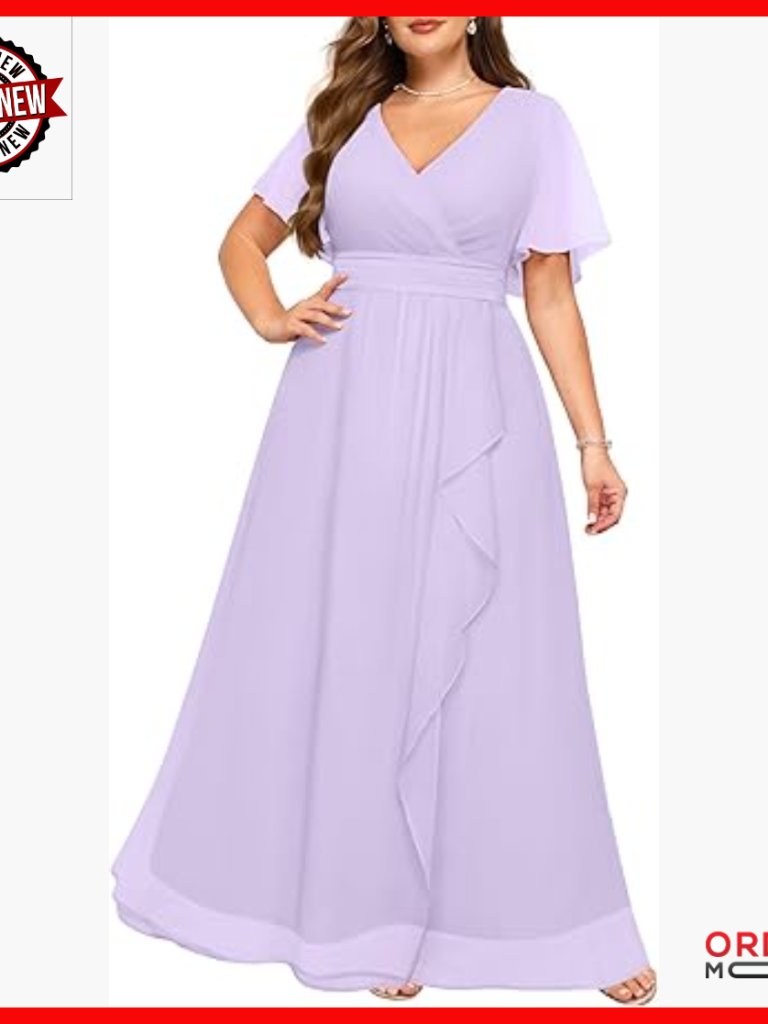 Plus Size Formal Chiffon Dress V Neck Short Sleeves Long Ruffle